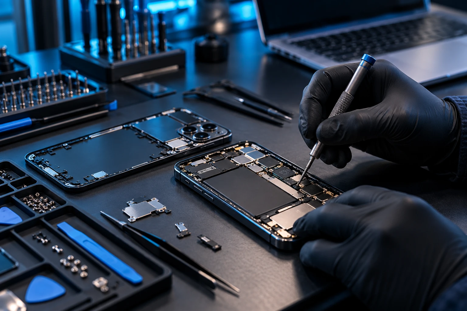 Illustration d’une réparation de smartphone avec des outils de précision